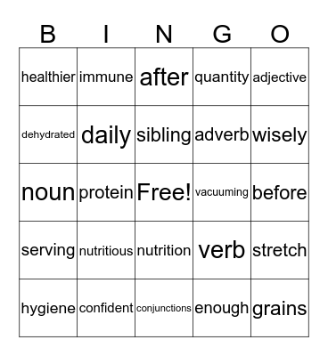 Healthy Living Bingo Card