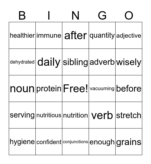 Healthy Living Bingo Card