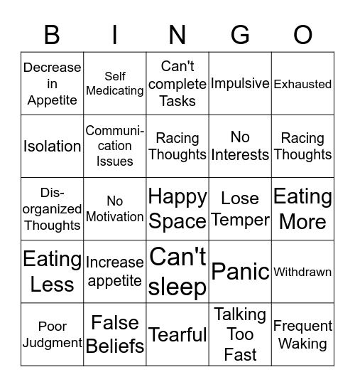 Symptom Management Bingo Card