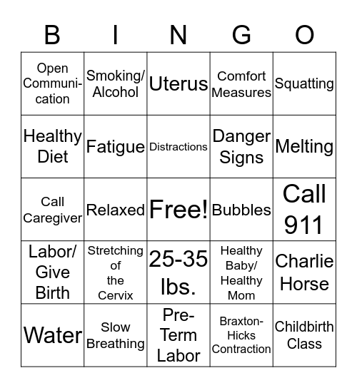 Child-Birth Class Bingo Review  Bingo Card