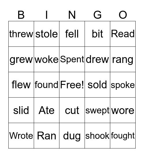 past tense bingo Card