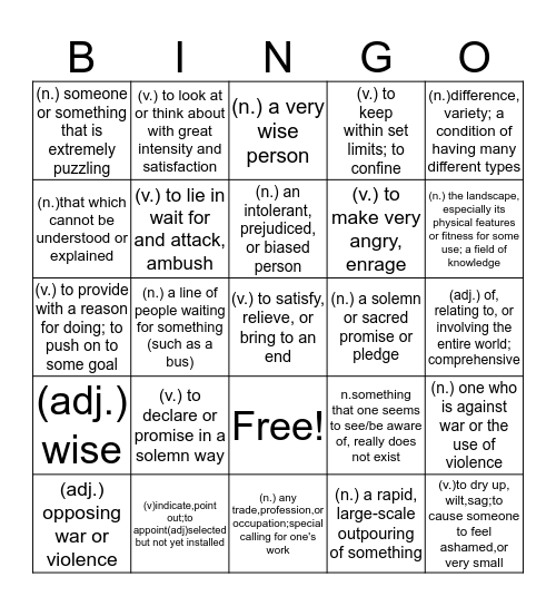 Unit 3 Vocabulary Bingo Card
