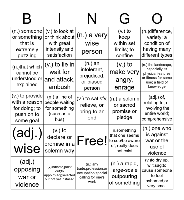 Unit 3 Vocabulary Bingo Card