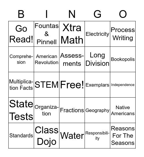 Back to School Night Bingo Card