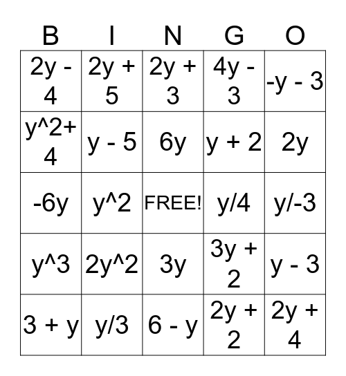 Algebraic Expressions Bingo Card