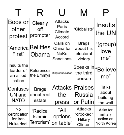 Trump UN Speech BINGO Card