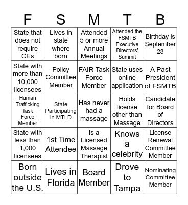 2017 FSMTB Annual Meeting Bingo Card