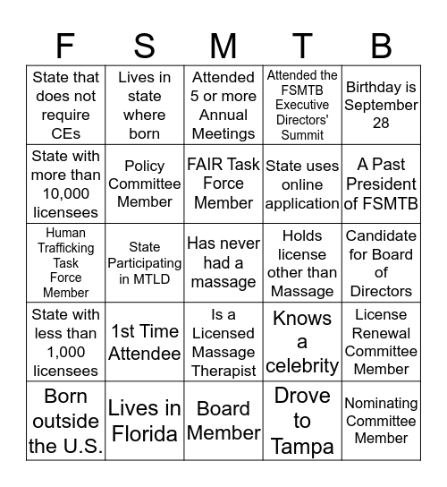 2017 FSMTB Annual Meeting Bingo Card