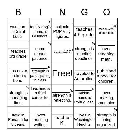 Fun Facts! Bingo Card