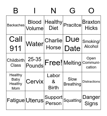 Childbirth Class Bingo Review Bingo Card