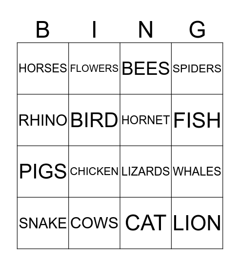 ANIMAL BINGO Card