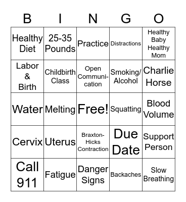 Childbirth Class Bingo Review Bingo Card