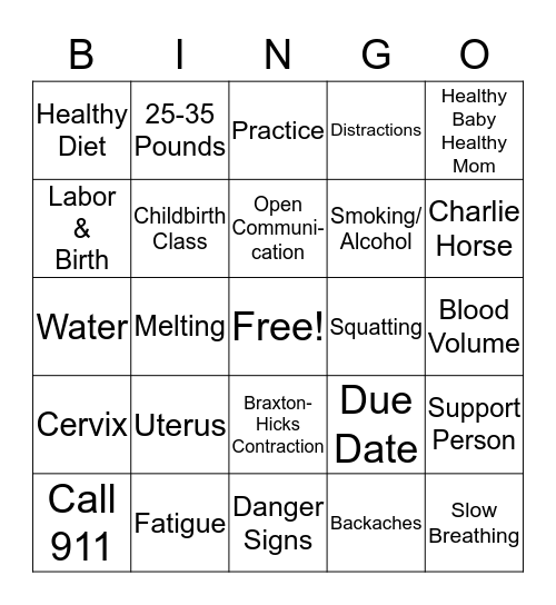 Childbirth Class Bingo Review Bingo Card