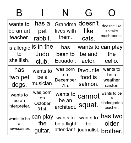 All about me! ........ find someone who Bingo Card