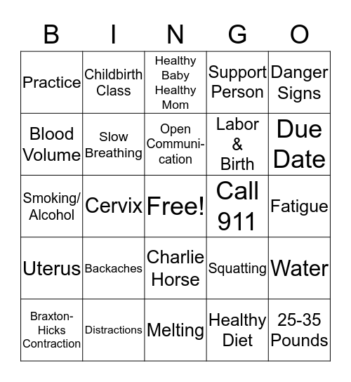 Childbirth Class Bingo Review Bingo Card