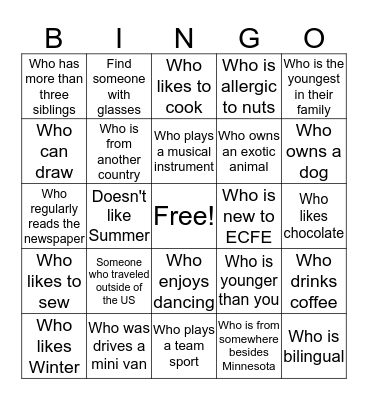 ECFE Ice Breakers  Bingo Card
