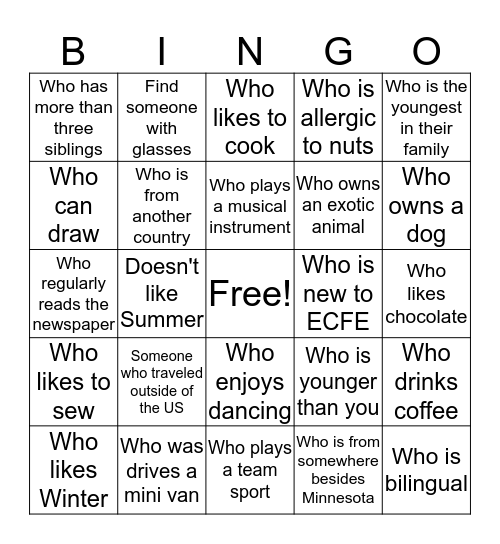 ECFE Ice Breakers  Bingo Card