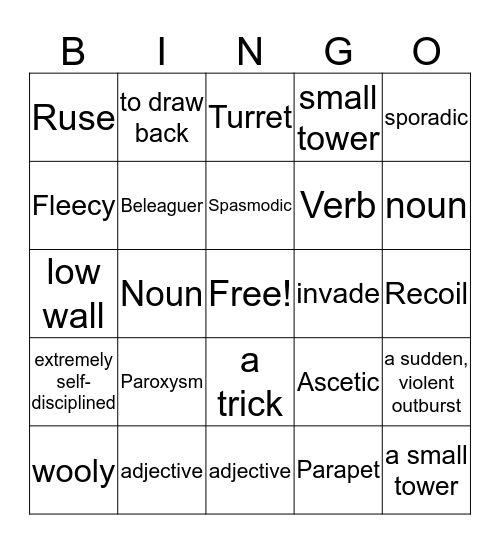 Sniper Vocabulary Bingo Card