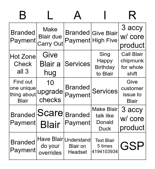 Blair Bingo Card