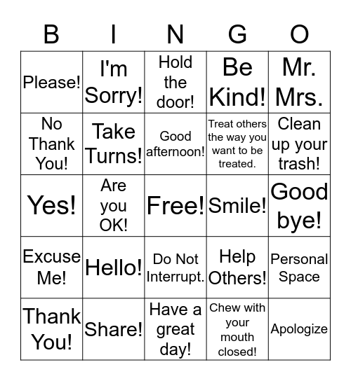 Manners Bingo! Bingo Card