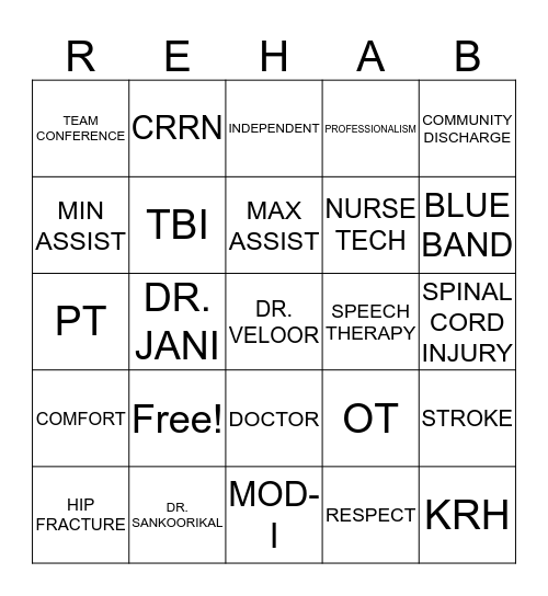 National Rehab Week 2017 Bingo Card