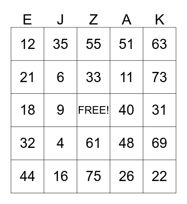 Ejzak Family Picnic Bingo Card