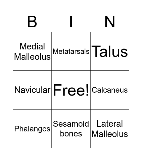 Foot/Ankle Bones Bingo Card