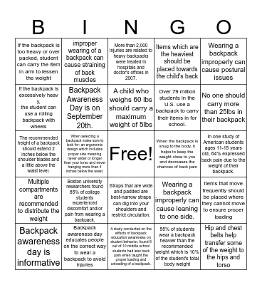 Backpack Facts BINGO  Bingo Card