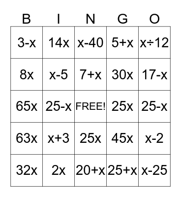 English to Math Review Bingo Card