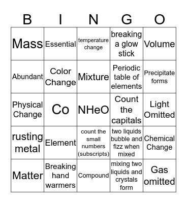 compounds and chem/phys change Bingo Card