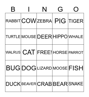 ANIMALS Bingo Card