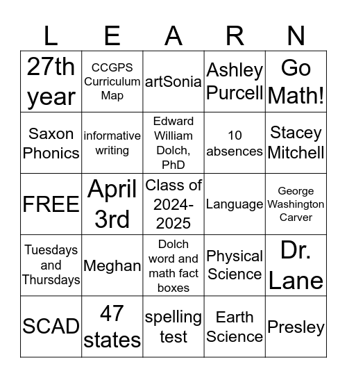 Curriculum Night Bingo Card