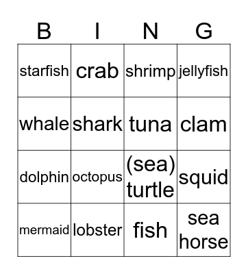 Sea animal Bingo Card