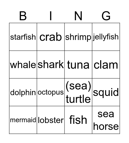 Sea animal Bingo Card
