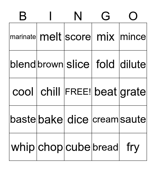 Cooking Terms  Bingo Card