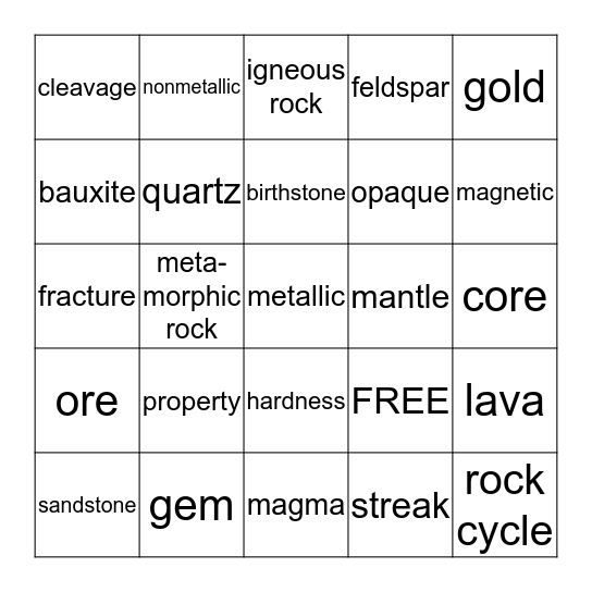 Rock and Mineral Bingo Card