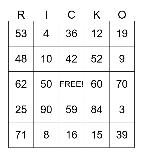Not Bingo -  RICKO Bingo Card