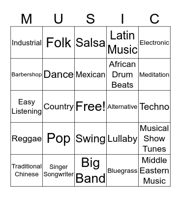 Music Genre Bingo Card