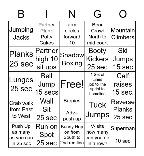 Mrs. Siemion's Fitness BINGO Card