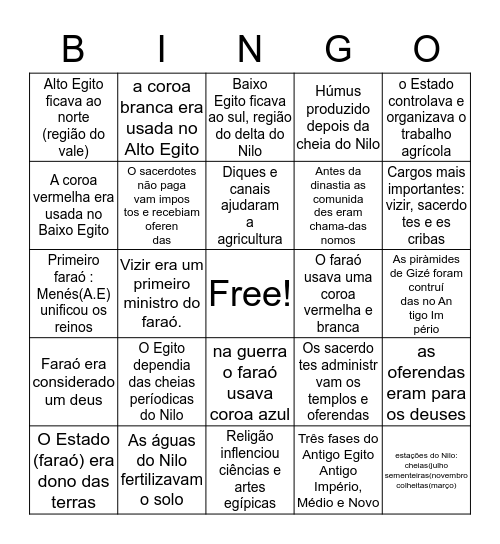 Antigo Egito Bingo Card