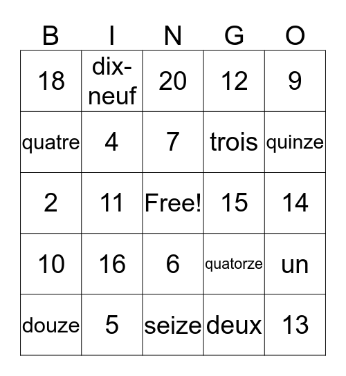 French numbers 1-20 Bingo Card