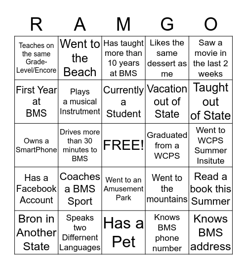 BMS "RAM-GO" BINGO GAME Bingo Card