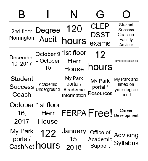 Search for Student Success Bingo Card