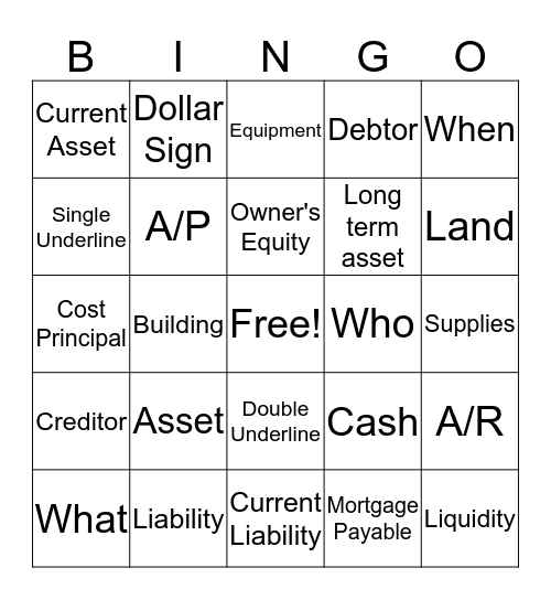 Balance Sheet Bingo  Bingo Card
