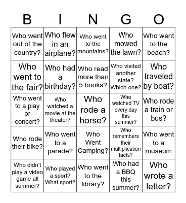 Welcome Back to School Bingo Card