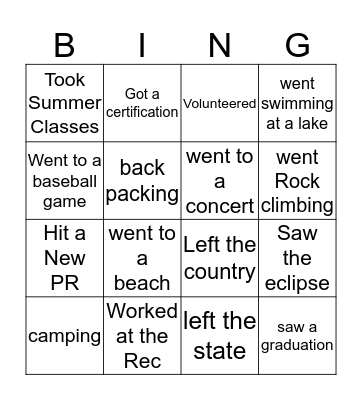 Welcome back! Bingo Card