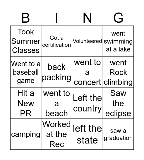 Welcome back! Bingo Card