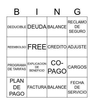 SPANISH BILLING TERMINOLOGY Bingo Card