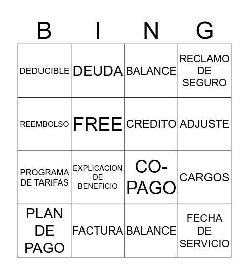 SPANISH BILLING TERMINOLOGY Bingo Card