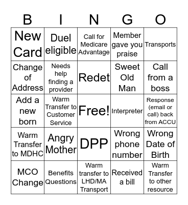 Inbound Call Bingo Card